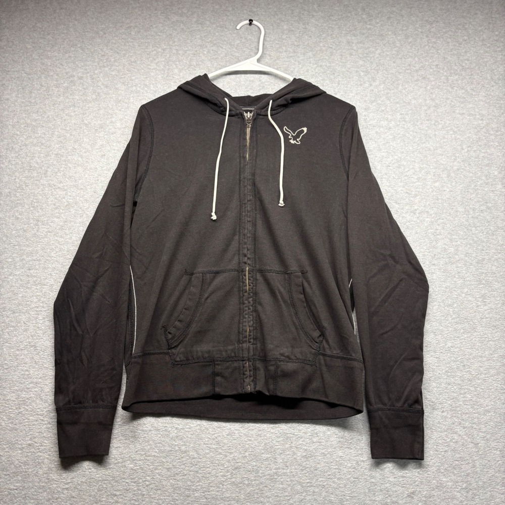 American Eagle Womens Vintage Full Zip Hoodie Charcoal Grey Eagle Logo Large